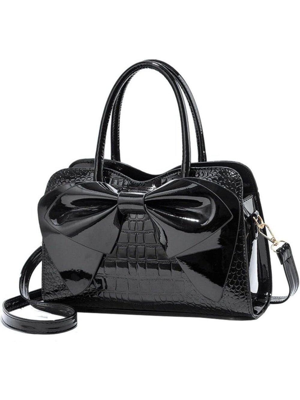 Glossy Patent Leather Handbag with Bowknot Charm | Stylish Top-Handle Tote Bag